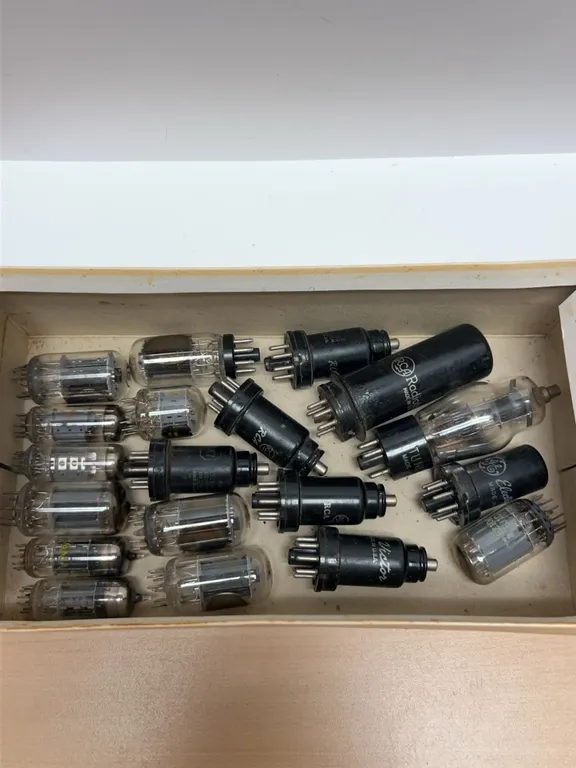 RCA Victor and GE Vacuum Tubes with Black Metal and Glass Enclosures, Various Models