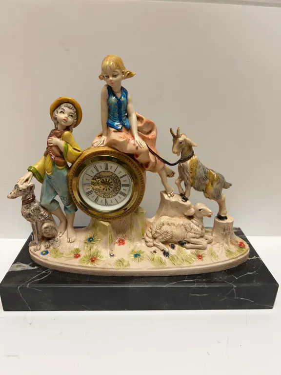 Depose Italy 1002 Hand-Painted Ceramic Mantel Clock with Children, Goat, Sheep, and Dog on Marble Ba