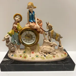 Depose Italy 1002 Hand-Painted Ceramic Mantel Clock with Children, Goat, Sheep, and Dog on Marble Ba