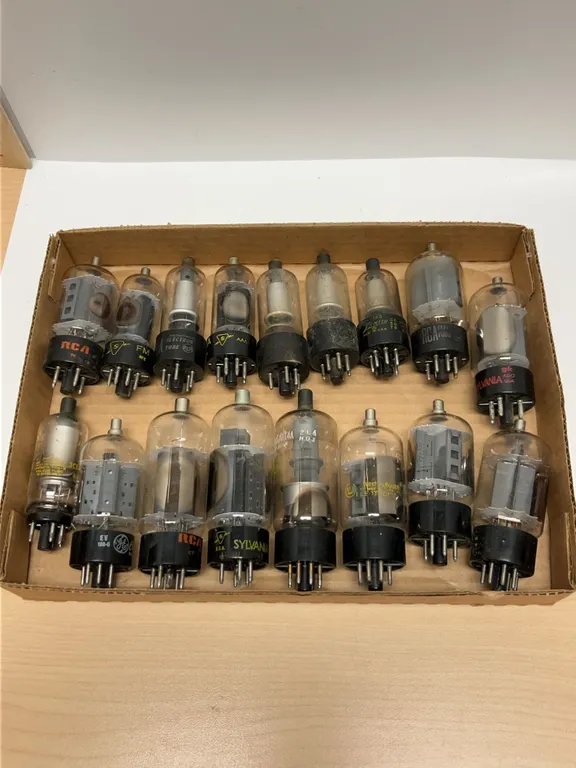 18 Mixed Radio Vacuum Tubes by RCA, Sylvania, GE, and Westinghouse in Original Box Packaging