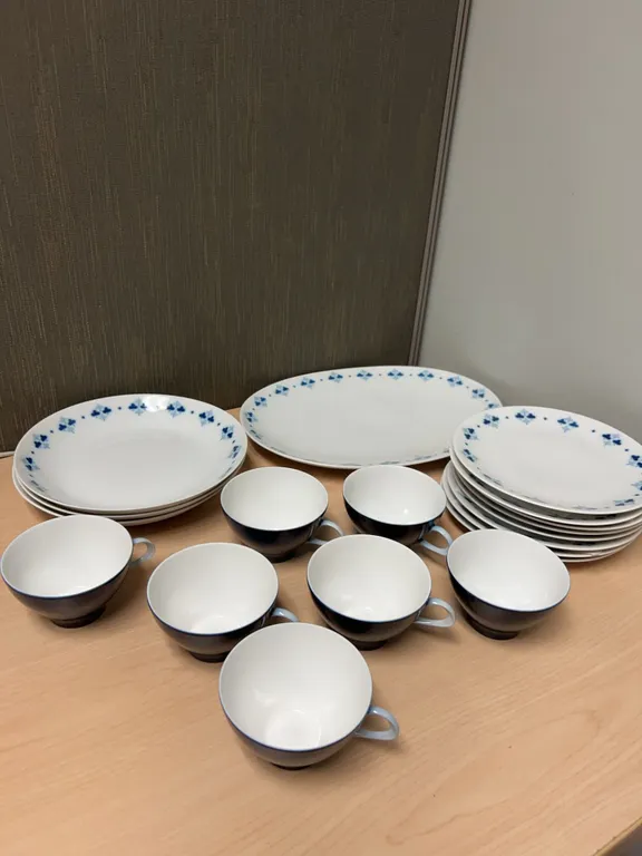 Thomas Germany Porcelain Dinnerware Set with Blue Floral Rim Includes Plates and Cups circa Mid-20th