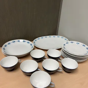 Thomas Germany Porcelain Dinnerware Set with Blue Floral Rim Includes Plates and Cups circa Mid-20th