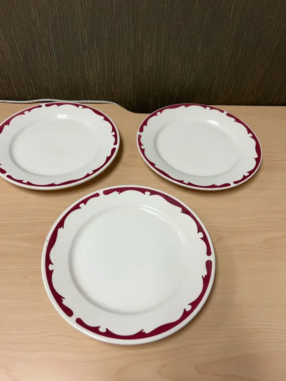 3 Buffalo China 9-Inch Dinner Plates with Red Scroll Edge, Marked U.S.A., T3 5 Stamped Base Marks