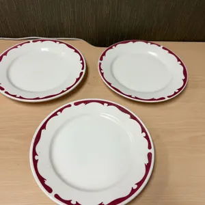 3 Buffalo China 9-Inch Dinner Plates with Red Scroll Edge, Marked U.S.A., T3 5 Stamped Base Marks