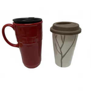 Two Pottery Travel Mugs: Longaberger Pottery Red Vitrified Mug and Lenox Park City Art Ware Mug