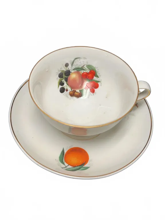 Golden Crown E&R 1866 Bavaria Jaeger & Co Germany Porcelain Cup/Saucer Set Fruit Motifs Gold Trim