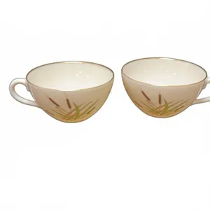 Lenox "Cattail" Pattern W-341 Tea Cups, Cream Porcelain/Gold Trim, Made in USA