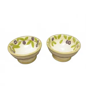 Handmade Williams-Sonoma Italian Footed Bowls with Olive Motif, Hand-Painted Glaze