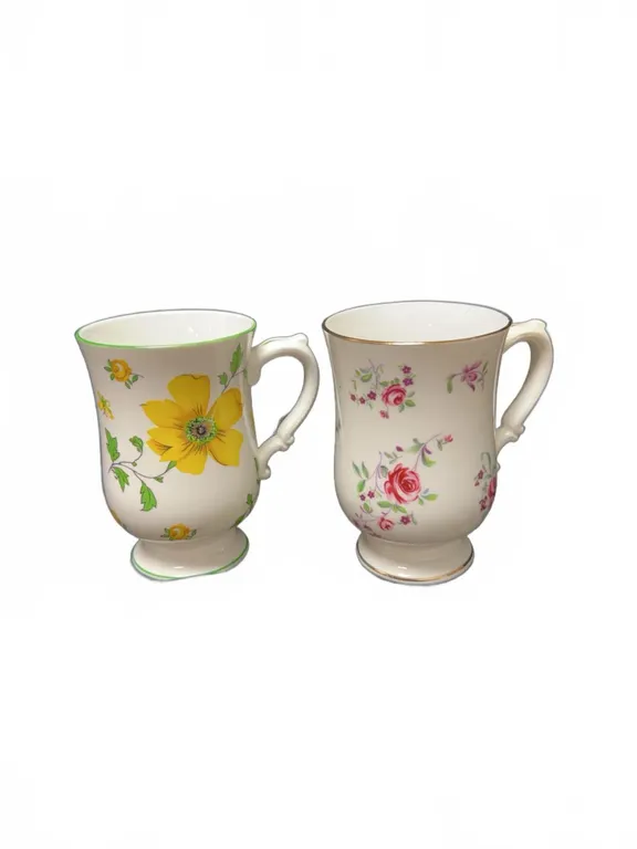 Royal Victoria Fine Bone China Mugs England, Floral Patterns Including Yellow and Pink Flowers