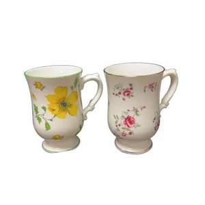 Royal Victoria Fine Bone China Mugs England, Floral Patterns Including Yellow and Pink Flowers