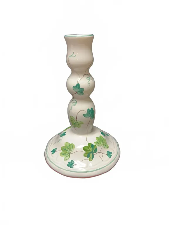 Herend Village Pottery Handpainted Hungaran Candlestick with Green Leaf Motif