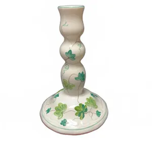 Herend Village Pottery Handpainted Hungaran Candlestick with Green Leaf Motif