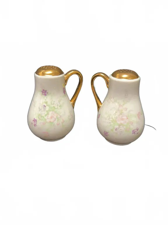Padana Taiwan Porcelain Salt and Pepper Shakers Set with Gold Tone Handles and Floral Pattern