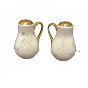 Padana Taiwan Porcelain Salt and Pepper Shakers Set with Gold Tone Handles and Floral Pattern