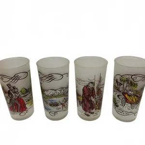 Four Frosted Glass Tumblers Featuring Currier & Ives Designs
