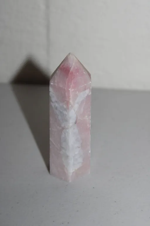 Polished Pink and White Crystal Obelisk with Natural Veining and Distinct Six-Sided Pointed Terminat