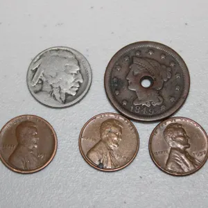 U.S. Coin Lot with 1917, 1936, 1957 Lincoln Wheat Cents, Buffalo Nickel, 1849 Liberty Head Large Cen
