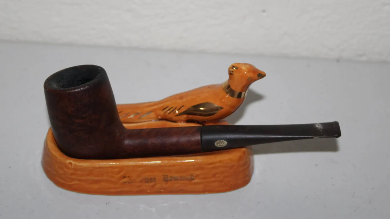 Collectible Ceramic Pheasant-Shaped Pipe Rest Marked "James Bowman" With Vintage Briar Smoking Pipe