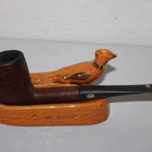 Collectible Ceramic Pheasant-Shaped Pipe Rest Marked "James Bowman" With Vintage Briar Smoking Pipe