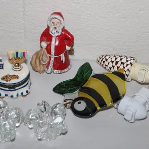 Holiday Figurines and Decor Including Goebel Santa, Hanukkah Trinket Box, Glass Crystal Bows, and Be