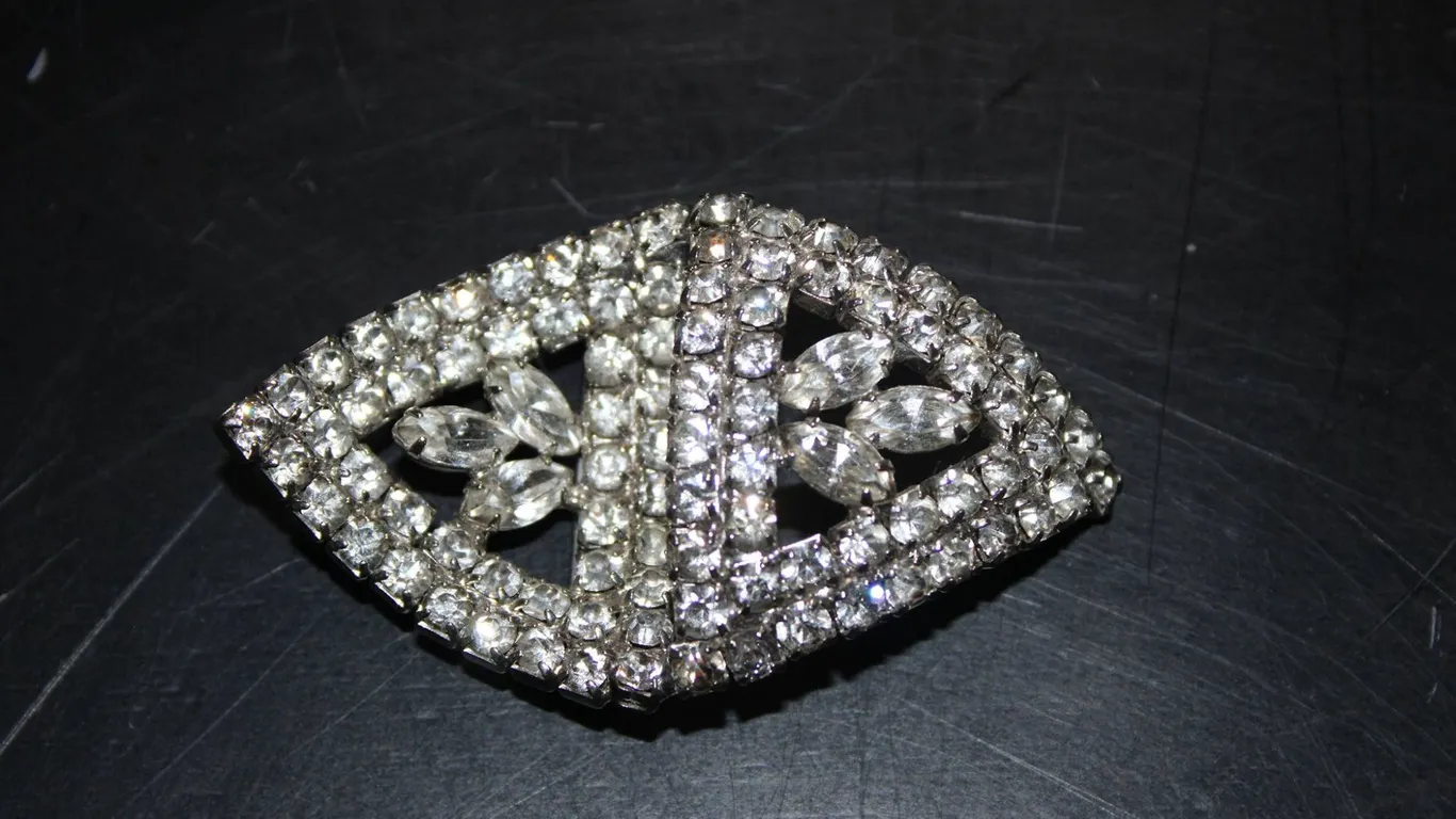 Rhinestone-Encrusted Art Deco Brooch with Marquise and Round Clear Stones, Pin Fastener, See Photos