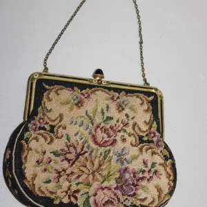 Early 20th Century Floral Needlepoint Purse with Ornate Metal Frame and Decorative Clasp, Chain Hand