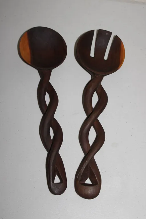 Hand-Carved Wooden Salad Servers Featuring Twisted Handles and Geometric Accents, Dark Finish