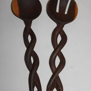 Hand-Carved Wooden Salad Servers Featuring Twisted Handles and Geometric Accents, Dark Finish
