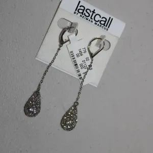 Neiman Marcus Last Call Silver-Tone Dangle Drop Earrings with Teardrop Pave Crystal Accents on Card