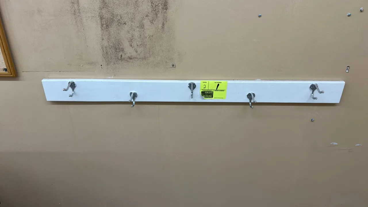 Wooden coat hanging racks. Features white painted wood construction with (5) dual-prong metal coat hooks per rack. 5'L each. Wall-mounted design. Hang