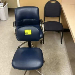 Assorted office chairs. Includes blue vinyl rolling task chairs with caster bases and a fabric stationary side chair with a black metal frame. Note: B
