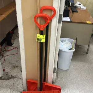 Bigfoot snow shovels. Includes (2) poly snow shovels with D-grip handles and (1) aluminum snow pusher with wood handle.