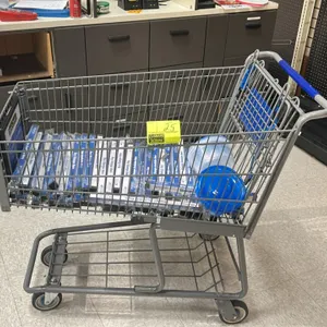 Metal wire shopping cart. Features a wire basket, folding child seat, lower storage rack, front sign frame, and blue handle sleeve. Mounted on casters