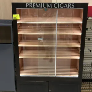 Wooden multi-tier cigar display merchandiser. Features sliding glass doors, slatted display shelving, 'PREMIUM CIGARS' header, and a 2-door lower stor
