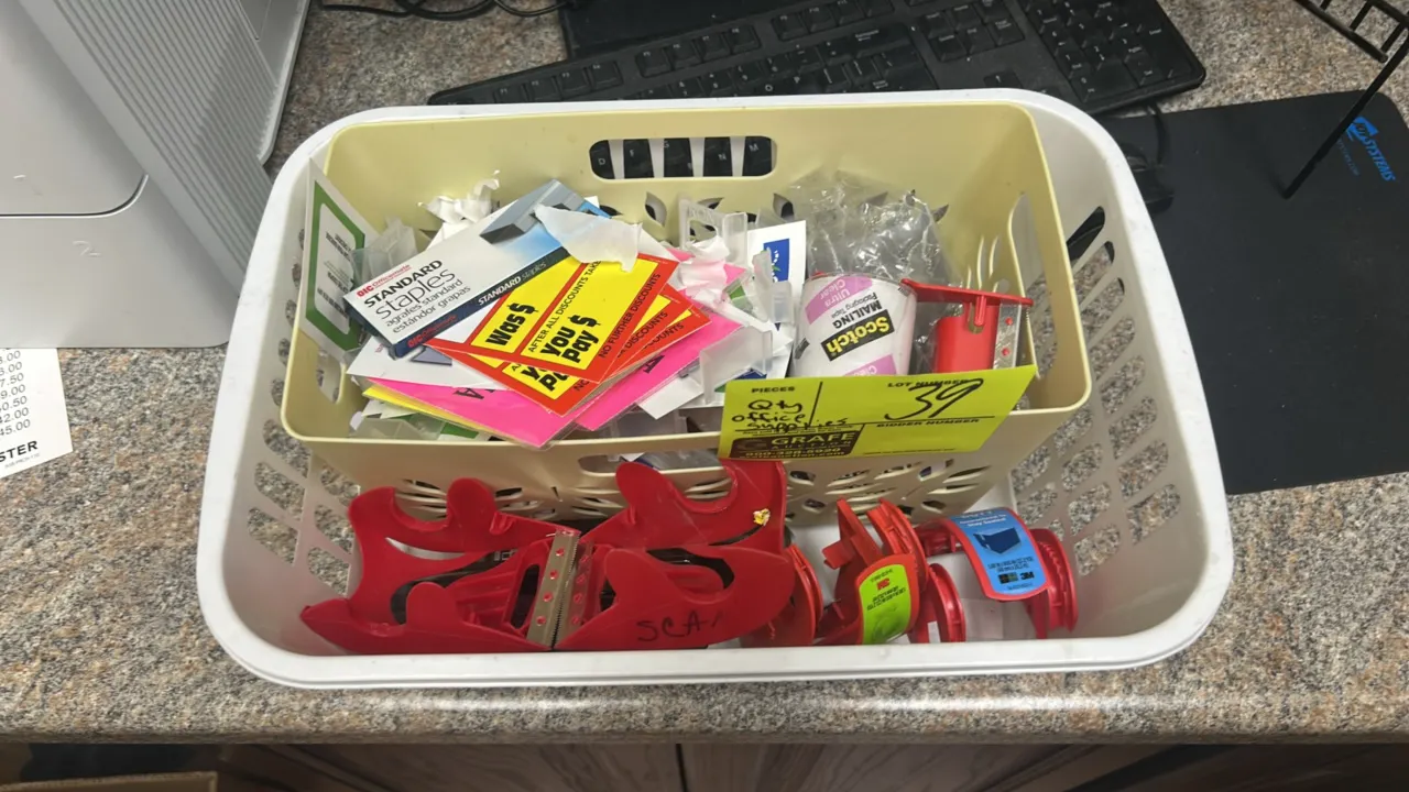 Assorted office supplies lot. Includes stacking plastic letter trays, clipboards, 3-drawer desktop organizer, wire file sorter, clear acrylic organize