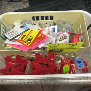 Assorted office supplies lot. Includes stacking plastic letter trays, clipboards, 3-drawer desktop organizer, wire file sorter, clear acrylic organize
