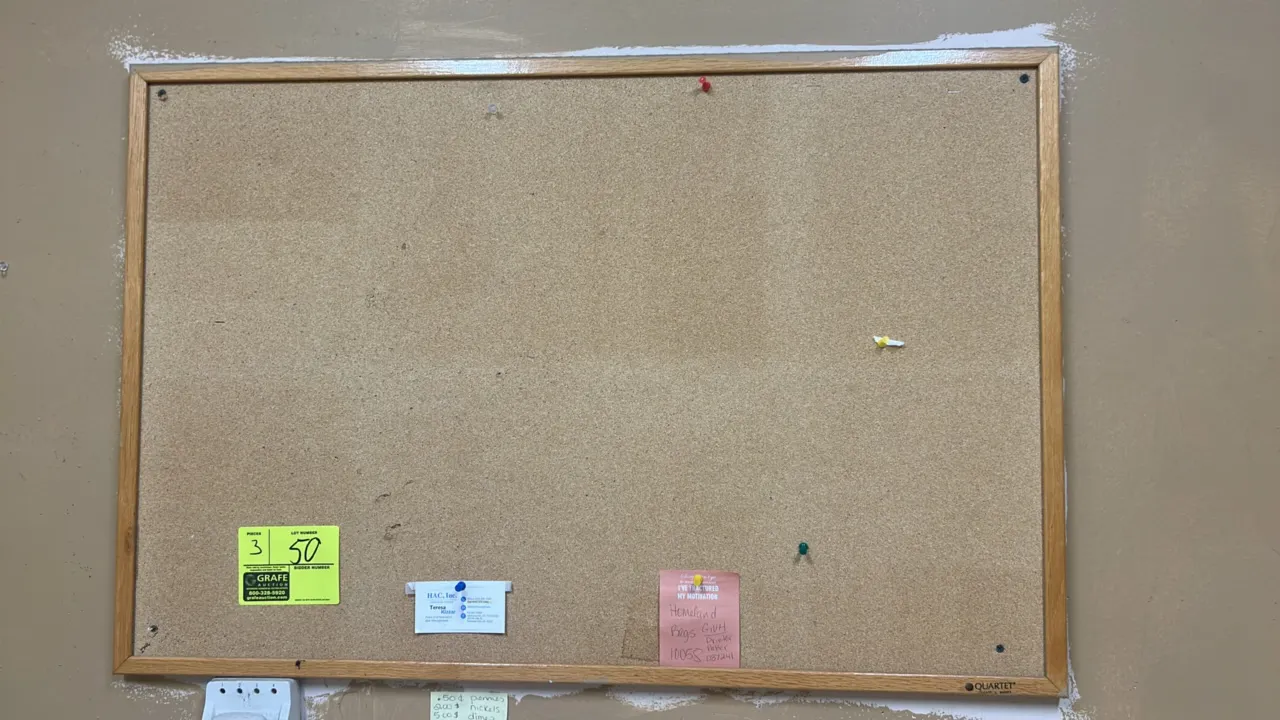 Assorted cork bulletin boards. Features wood-tone frames and cork pinning surfaces. Includes Quartet brand board. Contents not included.