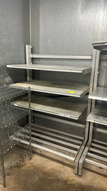 Aluminum cantilever shelving racks. Features aluminum construction, solid upper cantilever shelves, and slatted base dunnage shelf. 4'L each. Wire she