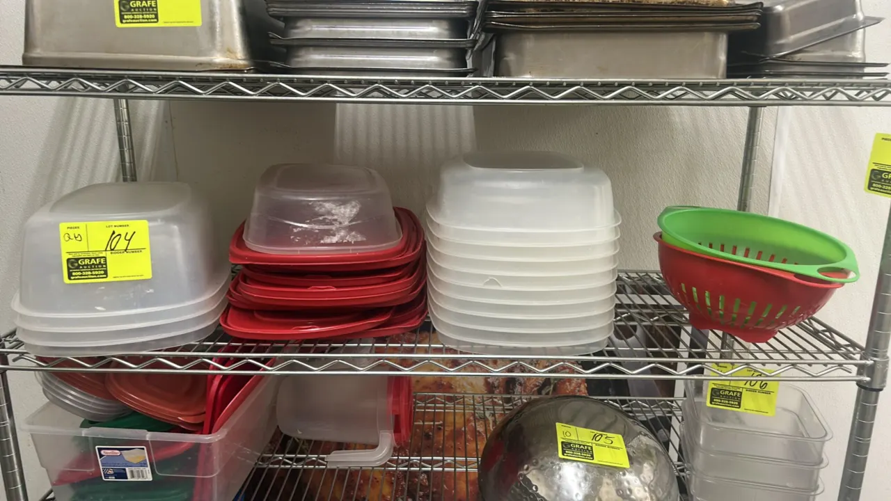Assorted plastic food storage containers and lids. Includes various sizes of poly containers, lids, plastic pitcher, nested plastic colanders, and a S