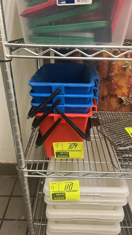 Poly commercial cleaning and sanitizing buckets. Includes (3) blue buckets and (1) red bucket. Features molded plastic construction with black bail ca
