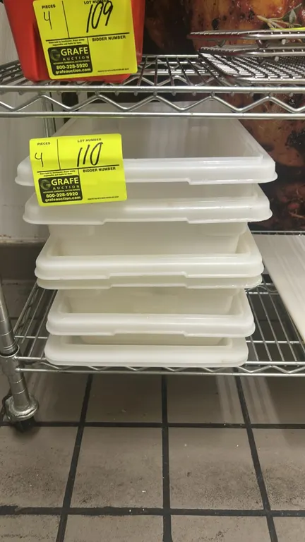 Poly storage tubs with lids. Features white plastic construction and stackable design. 17"L.