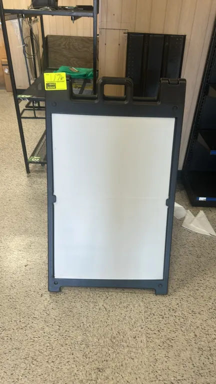 Poly A-frame folding sign stand. Features double-sided display area, molded carry handle, and white blank sign panels. 2'W.