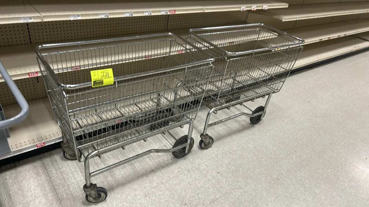 Metal wire carts. Features open wire basket construction with tubular steel upper frame. 3'L. Mounted on casters.