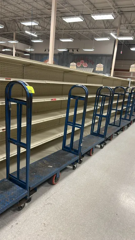 Metal U-boat utility platform carts. Features diamond-tread steel deck and dual removable tall tubular steel end handles. Blue finish. 4'L each. Mount