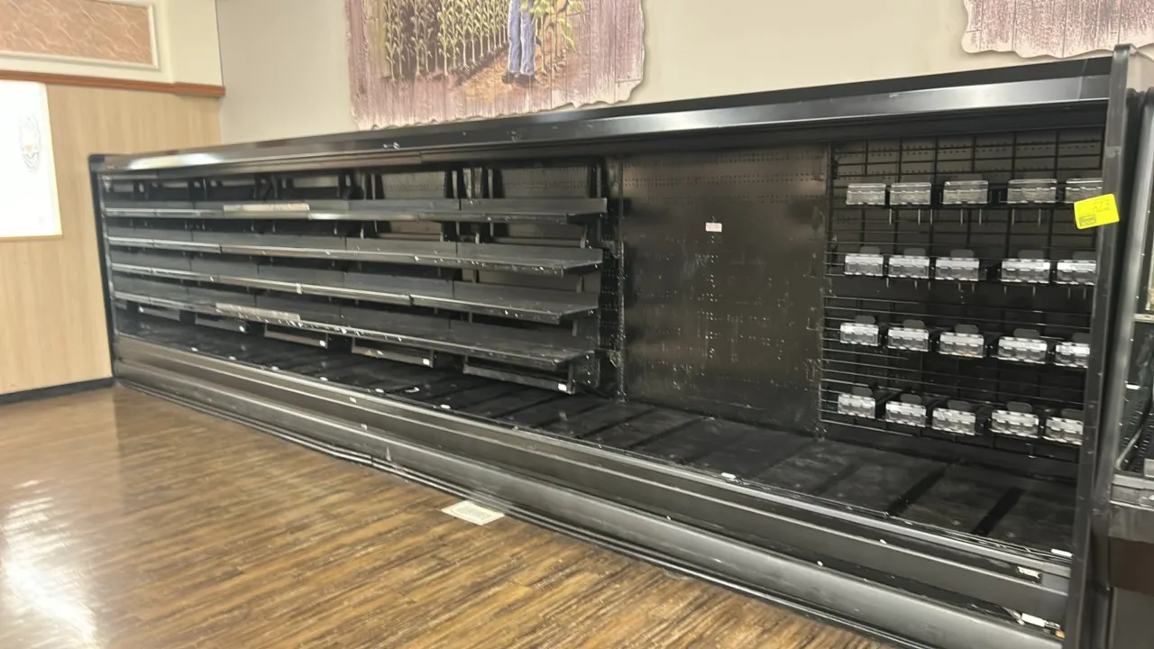 Tyler multi-tier produce display cases. Features solid adjustable shelving, product push racks, and top canopy lighting. 12'L each. Electrical: 115V,