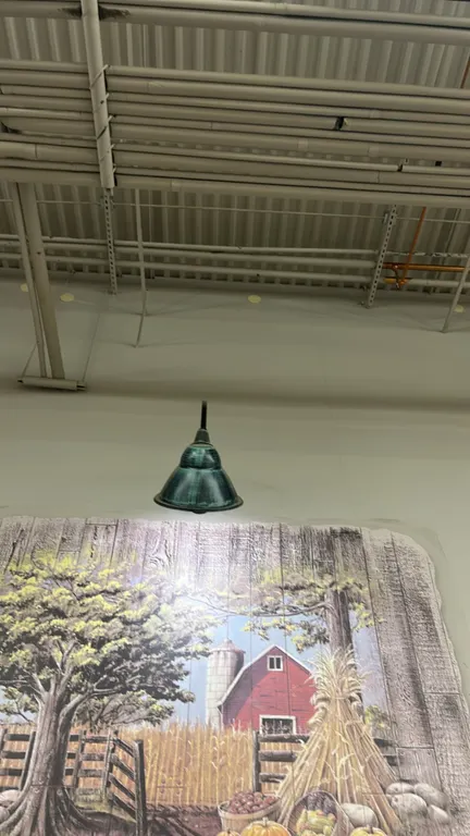 Gooseneck wall-mounted light fixtures. Features curved metal arms, green patina-finish metal shades, and round wall mounting bases. Signage in photos