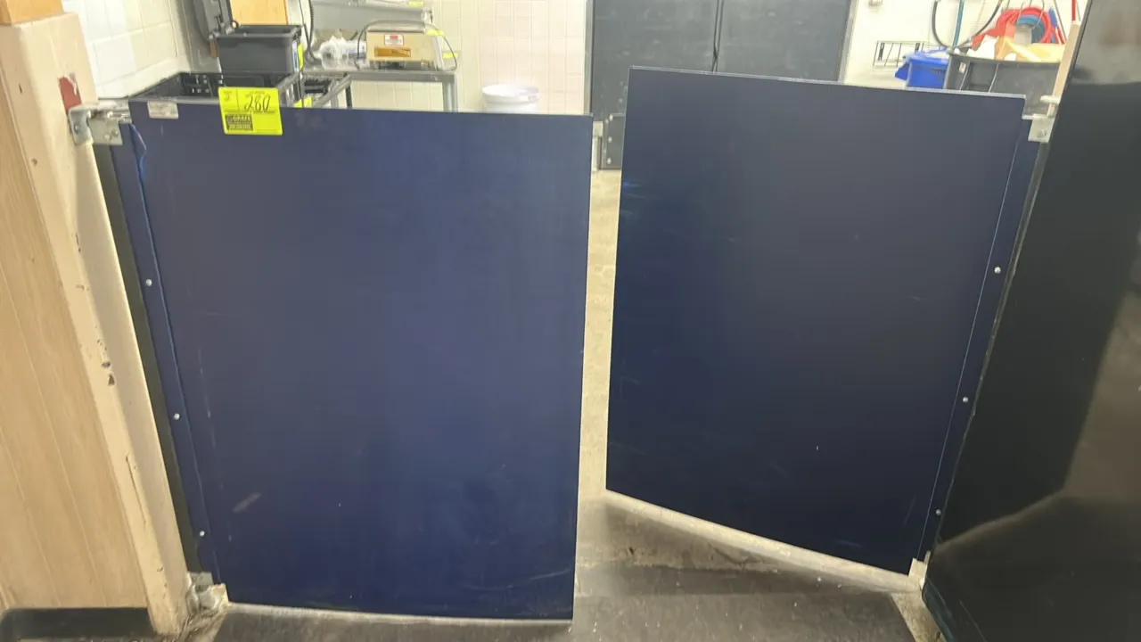 Polyethylene swing doors. Features blue poly construction with swing hinge mounting hardware. Dimensions: 32"W.