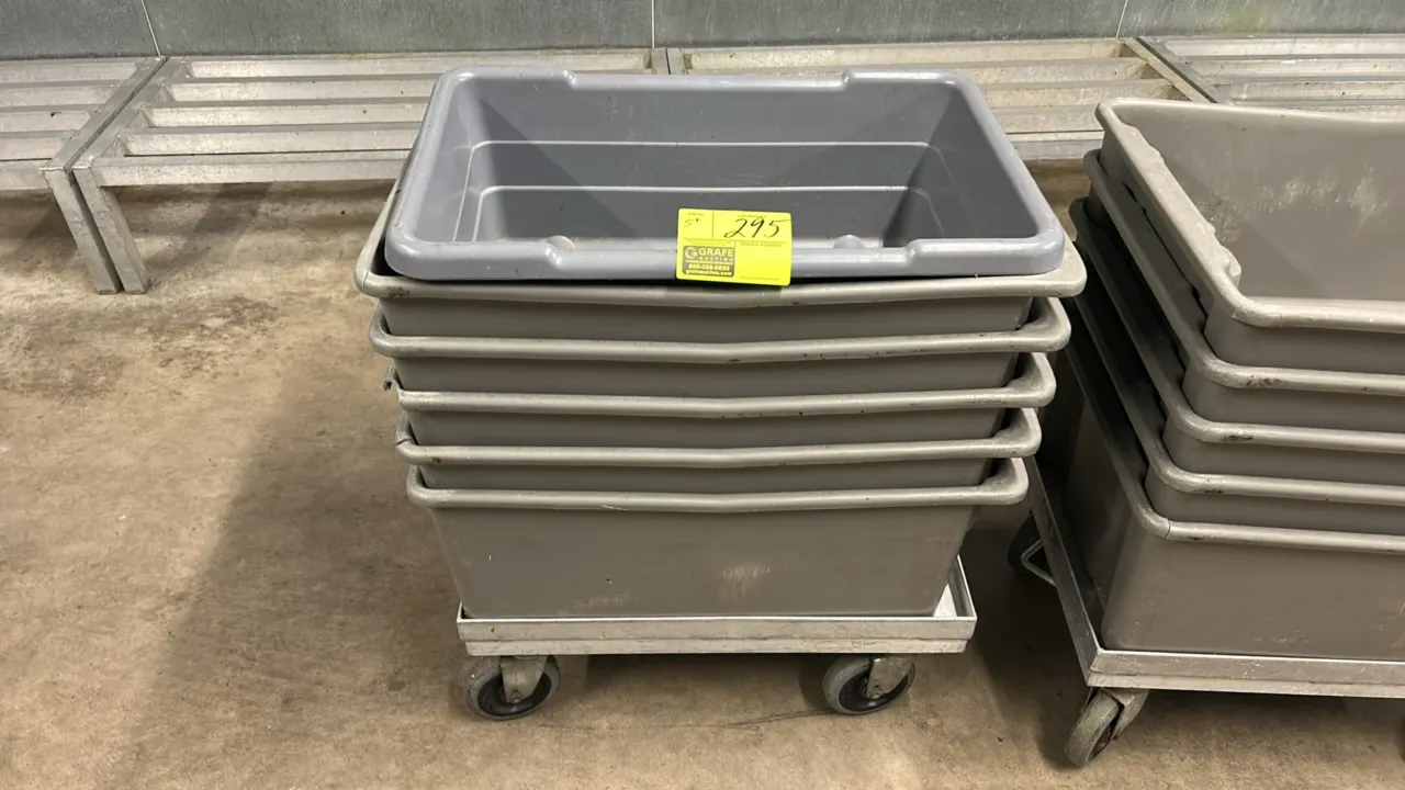 26" perforated poly totes with metal dolly cart. Features gray molded plastic construction with perforated drainage holes and integrated carry handles