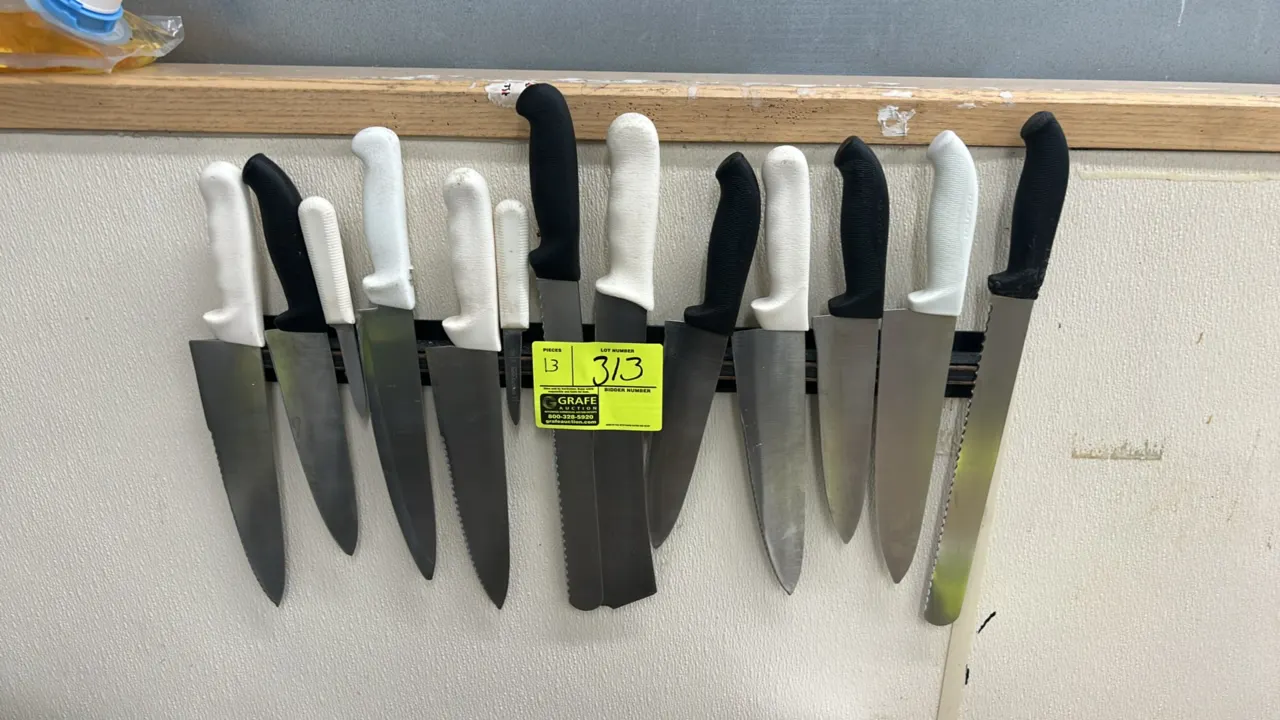 Assorted stainless steel commercial kitchen knives. Features various blade styles including chef knives, serrated slicers, and paring knives with mold