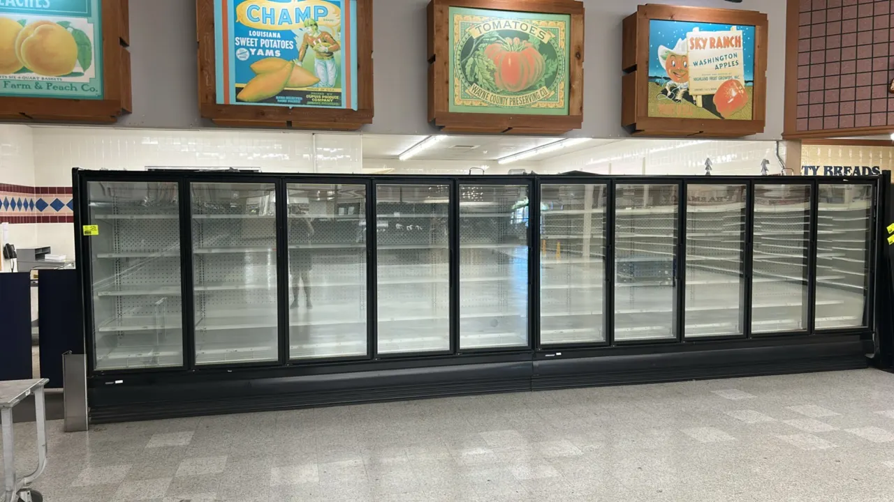 Hillphoenix ORZ5 frozen food glass doors. Features solid adjustable shelving, electric defrost, and black frame trim. Electrical: 240V, 3-Phase. Note: